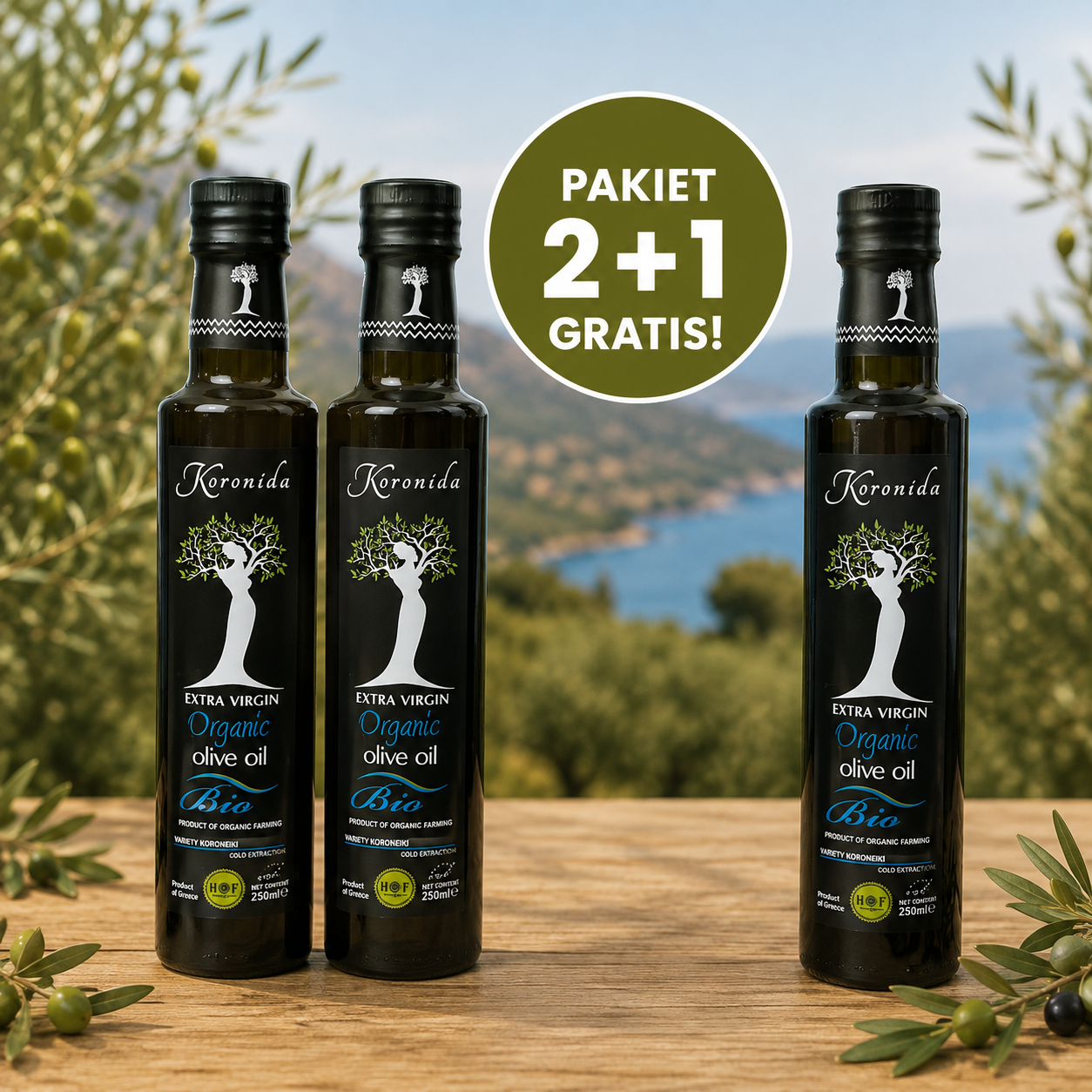 PAKIET 2+1 Oliwa z oliwek niefiltrowana Koronida BIO 0.3% 250 ml