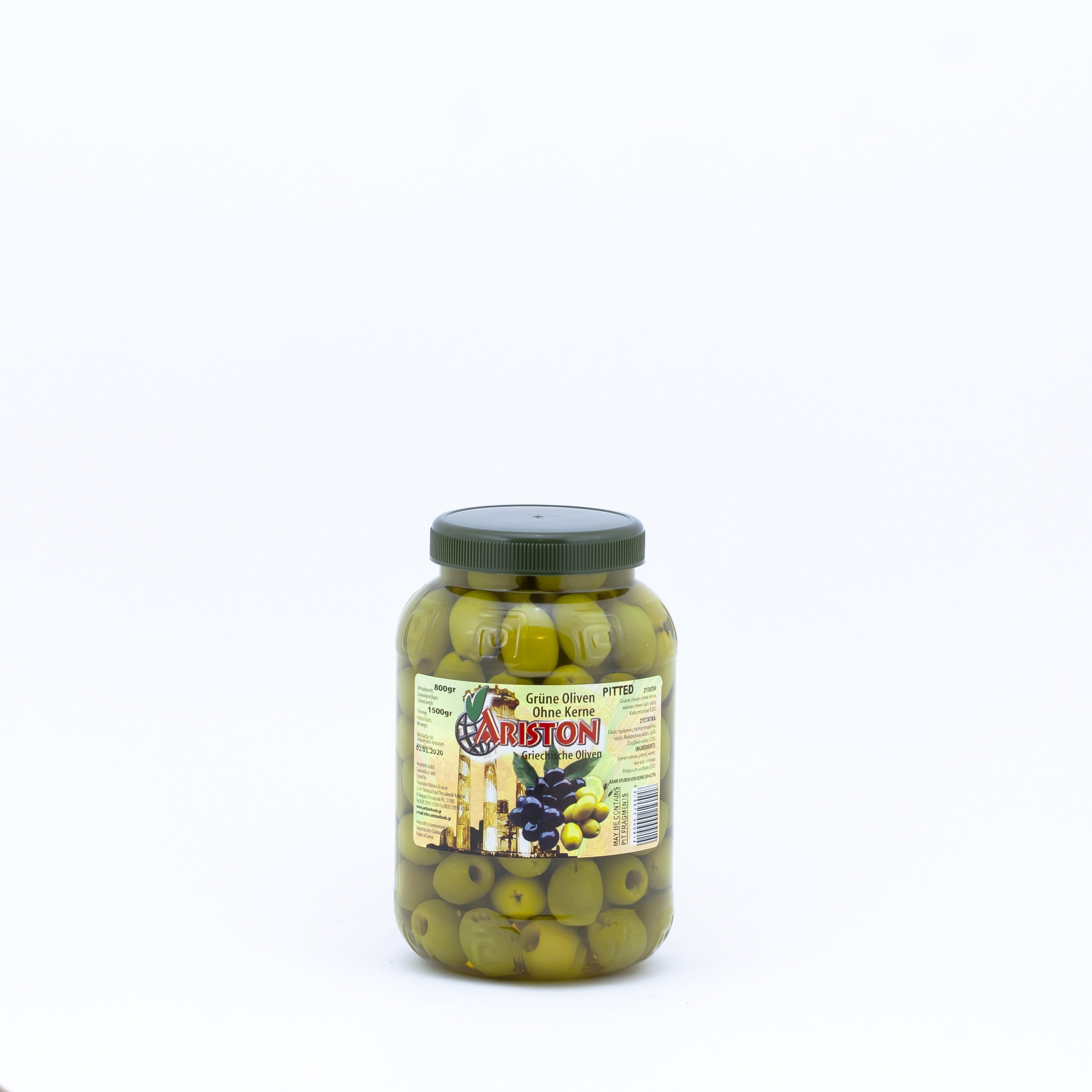 Pitted green olives 800g net weight