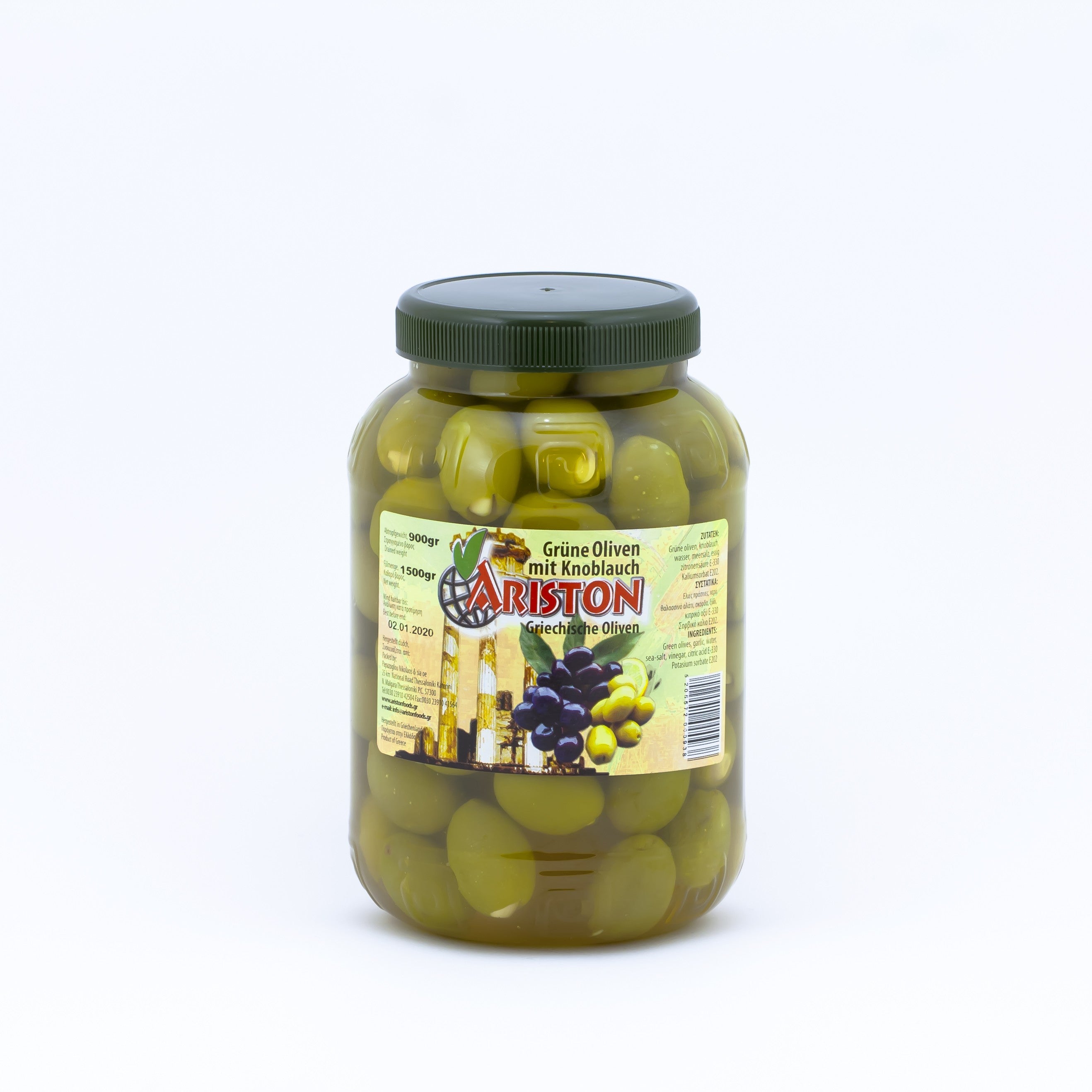 Green olives with garlic, net weight 900 g