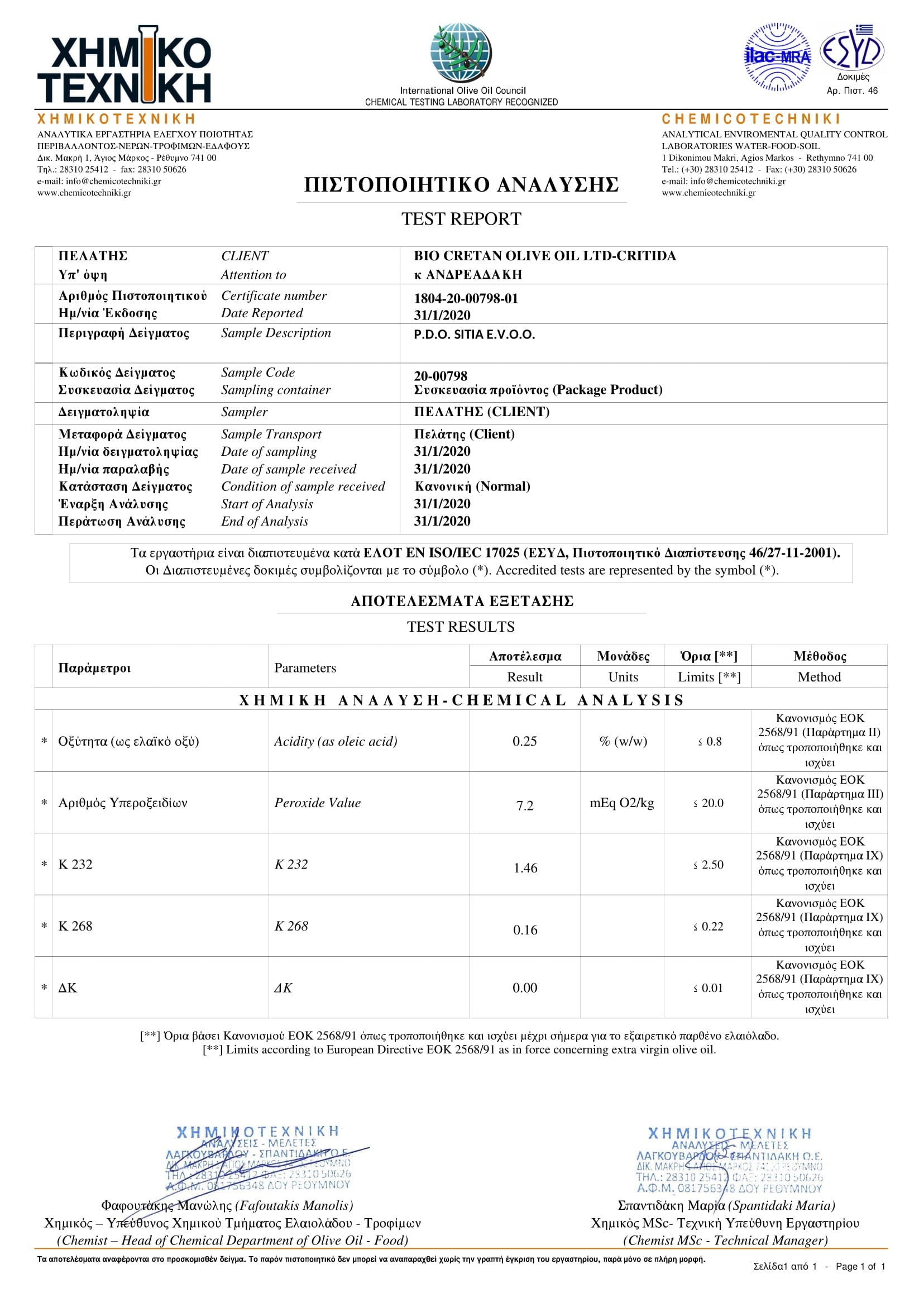Critida Sitia Olive Oil 0.2% 1 l