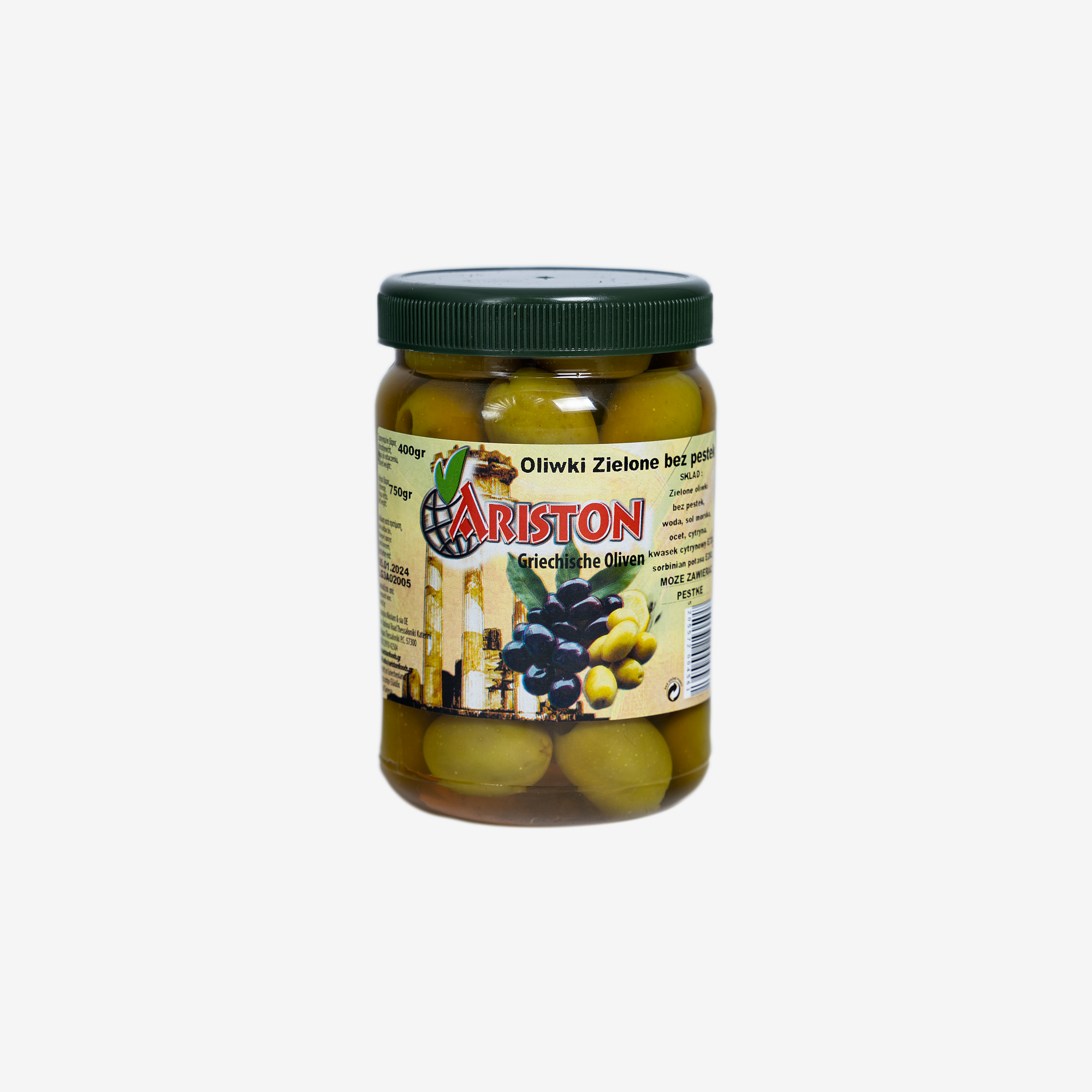 Pitted green olives 750g