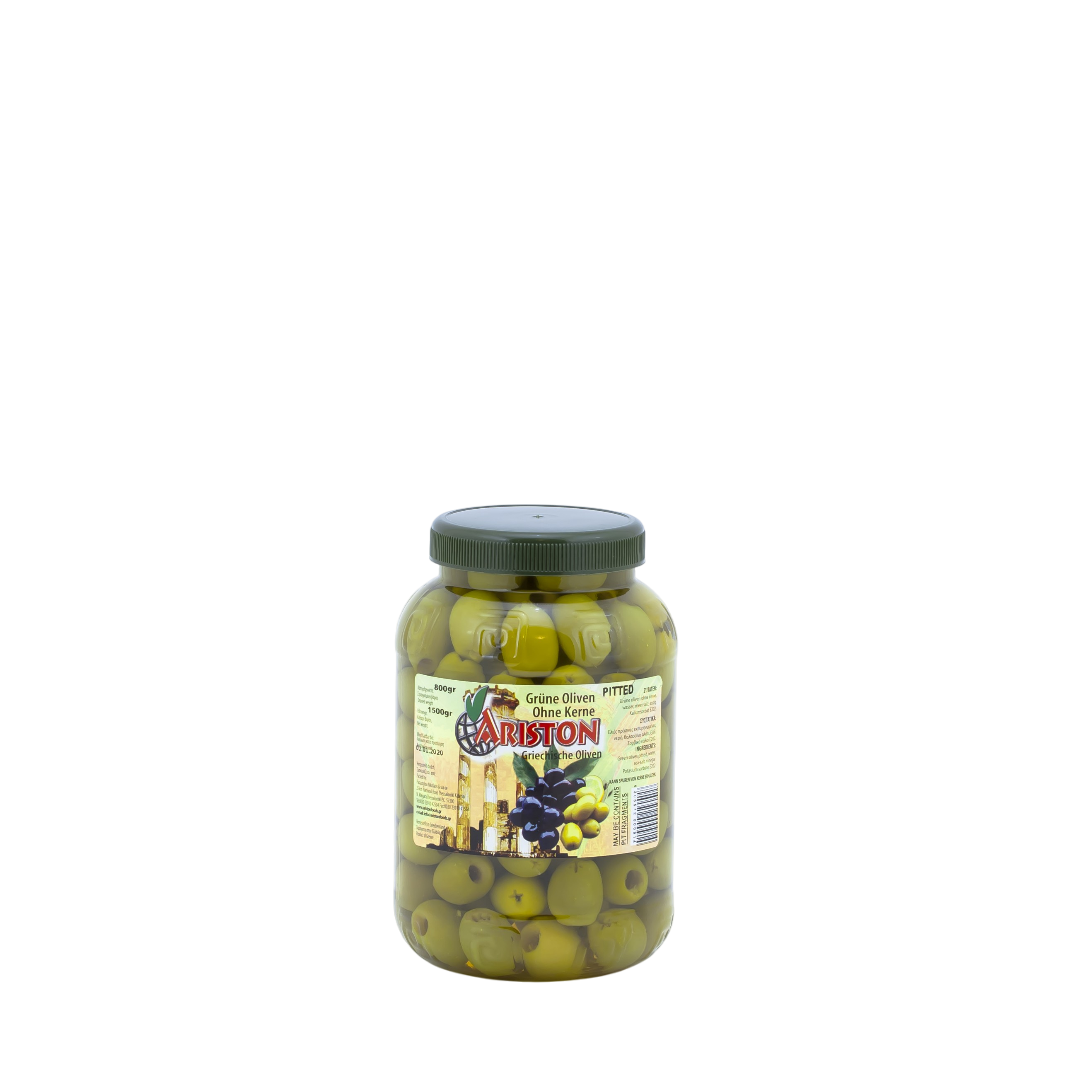 Pitted green olives 800g net weight