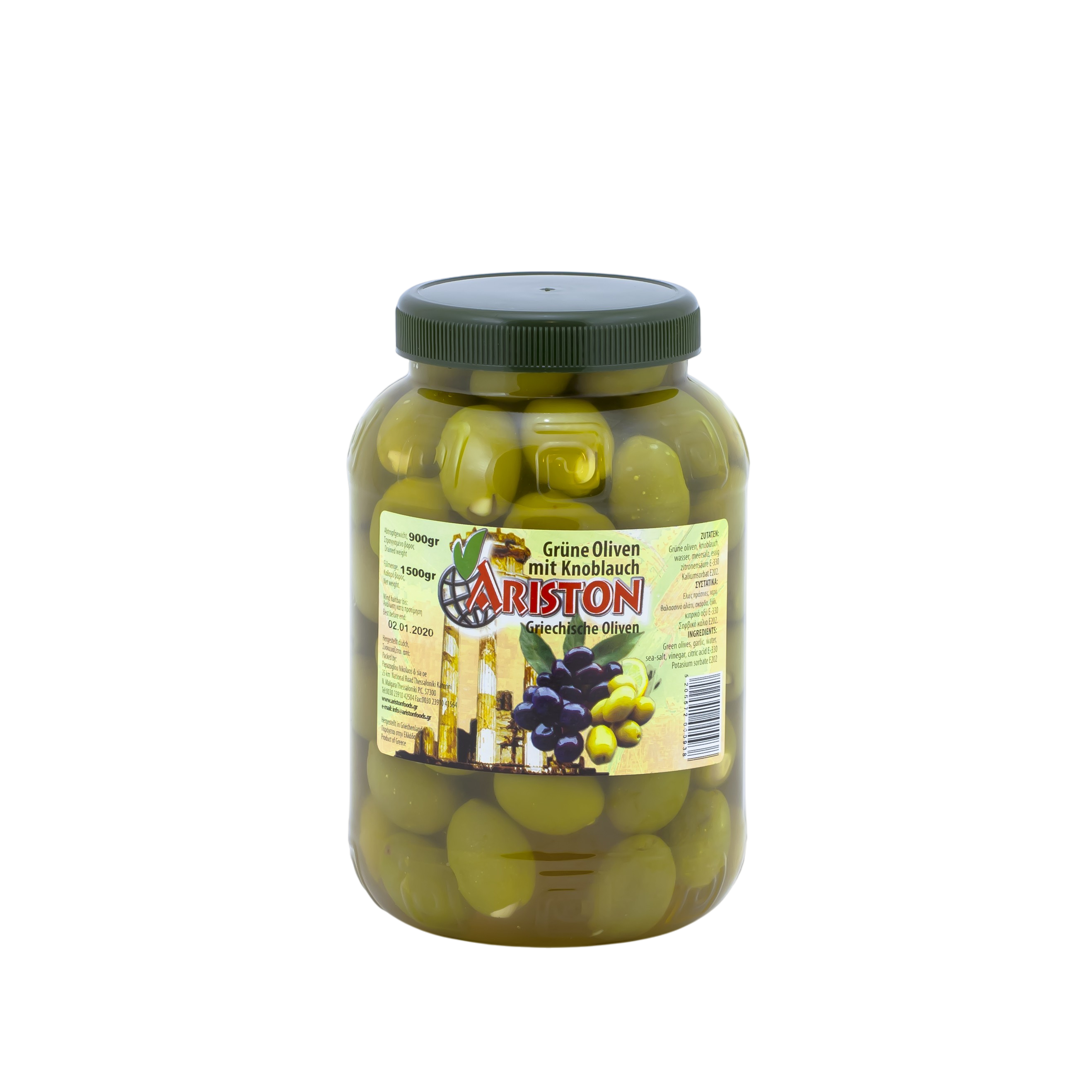 Green olives with garlic, net weight 900 g