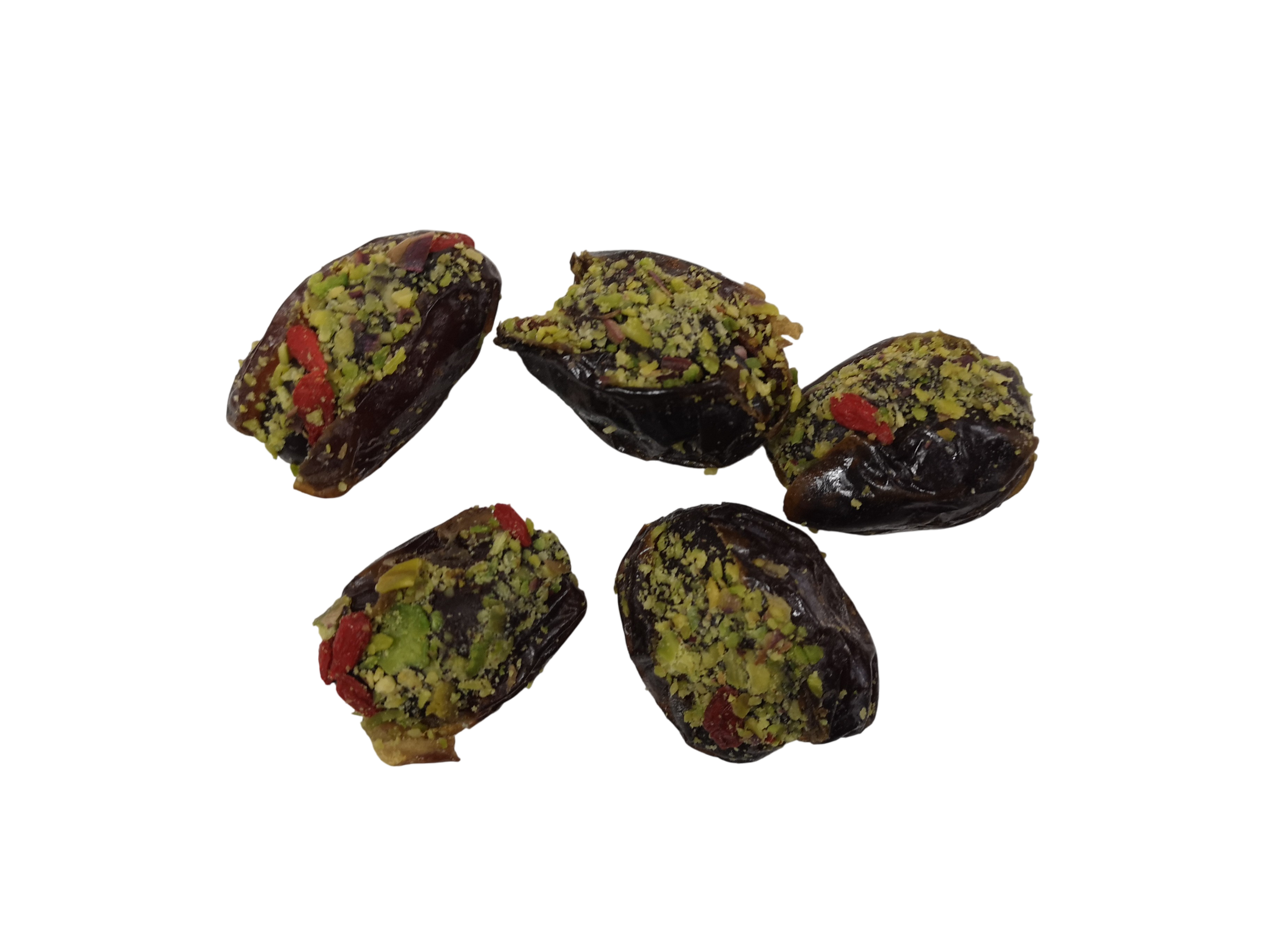 Dates with pistachio cream, pistachios, and goji berries