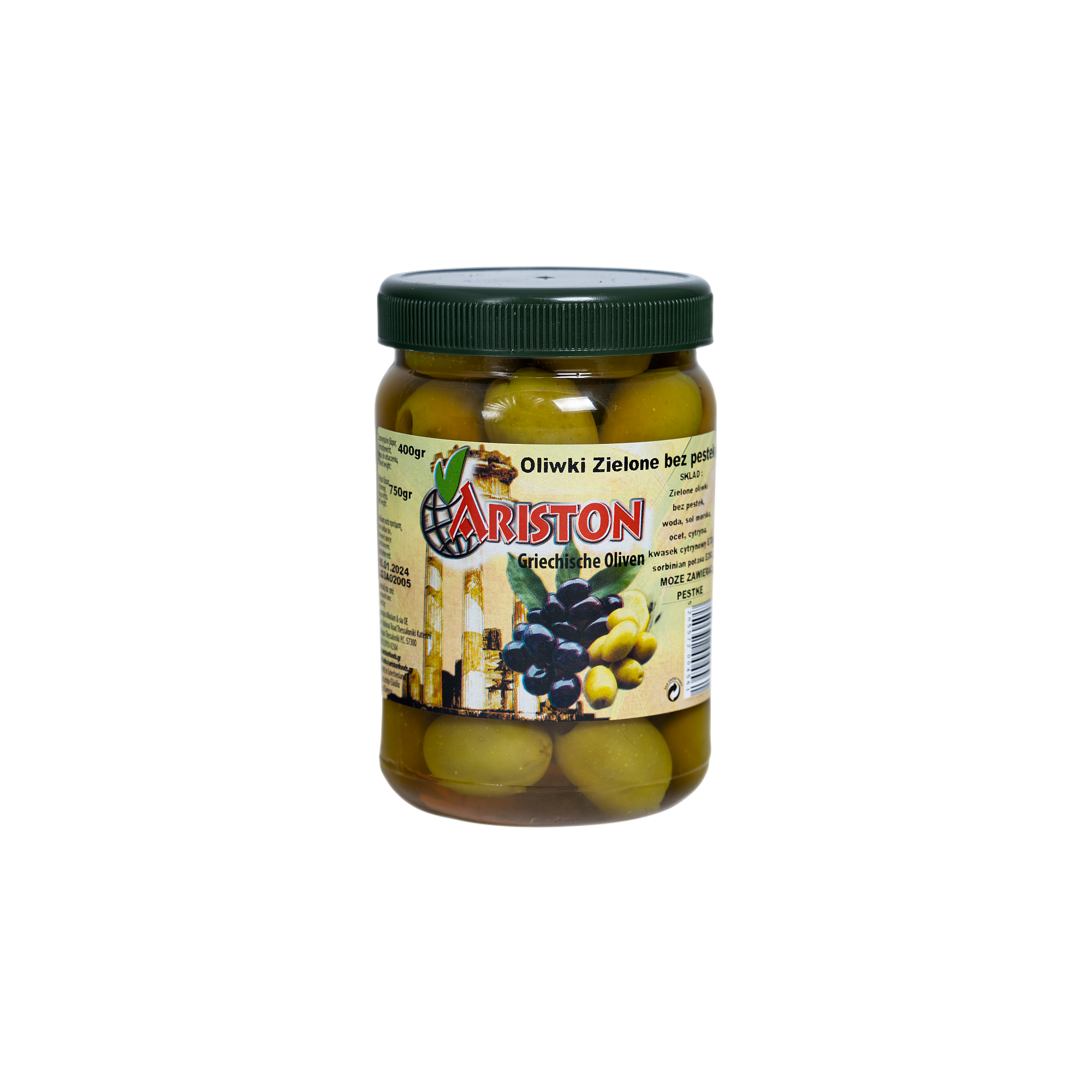 Pitted green olives 750g