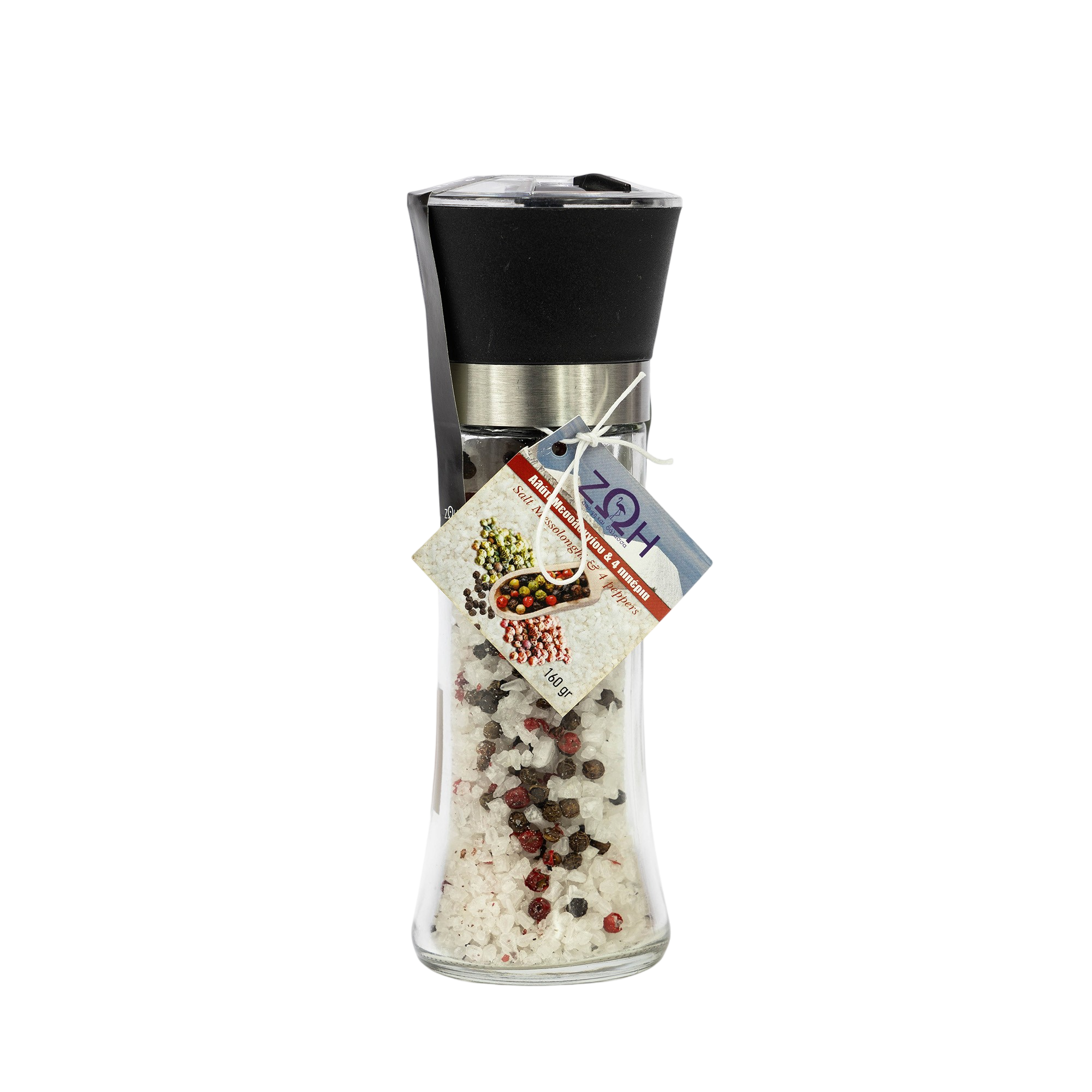 Sea salt from Lake Messolonghi with four types of pepper in a grinder 160g